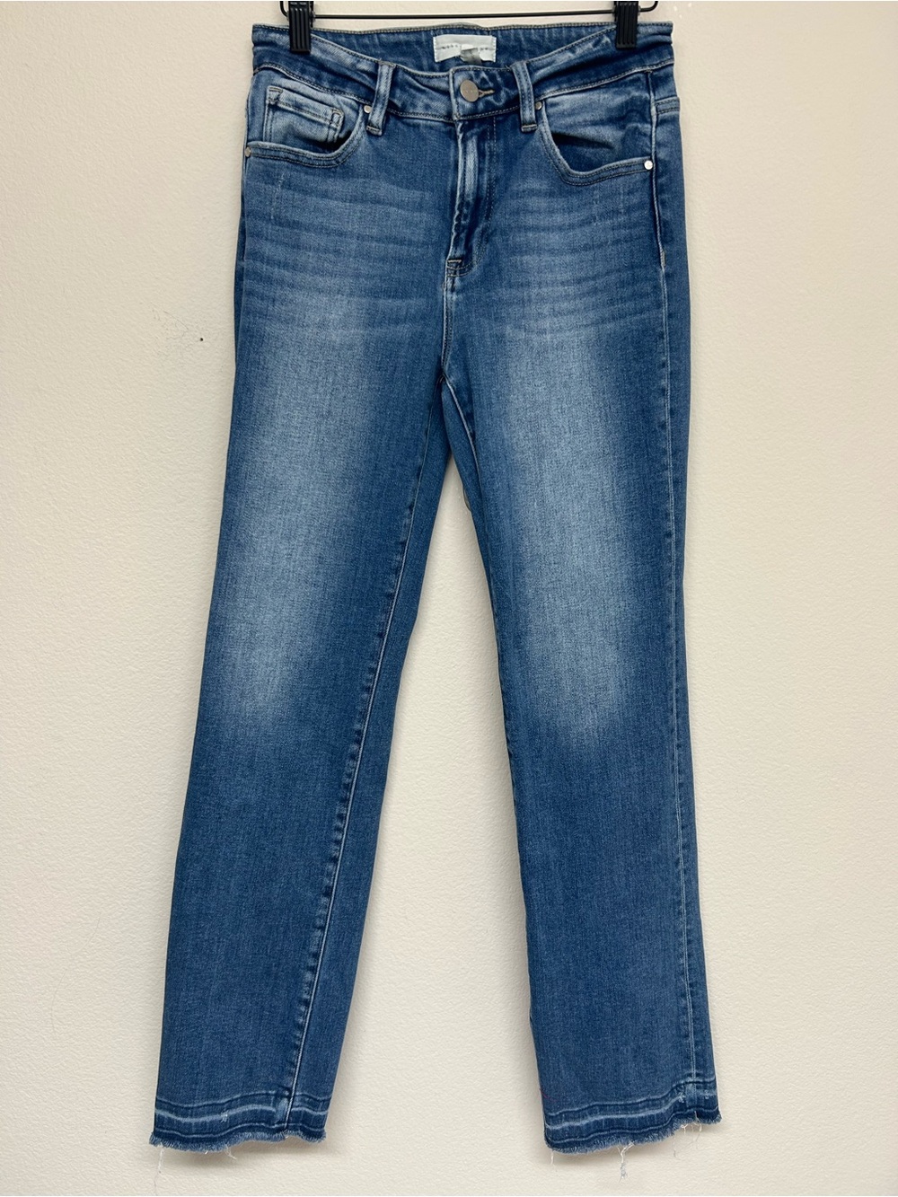 Risen Jeans Denim 7/28 Mid Rise Straight Leg Medium Wash Stretch Pockets Western